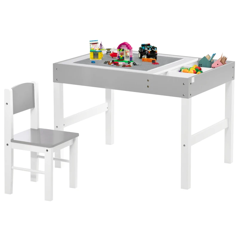 Qaba Lego Table with Storage for Kids, Multi-Usage Kids Table and Chair Set with Building Blocks Desktop, Grey