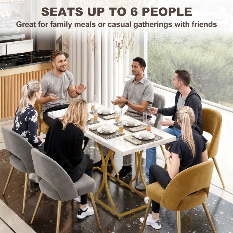 HOMCOM 59-Inch Dining Table for 6, Modern Marble-Pattern Kitchen Dinner Table with Metal Pedestal for Home, Dining Room, White