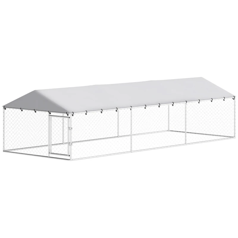 PawHut 19.7' x 7.5' x 4.9' Outdoor Dog Kennel Heavy Duty Galvanized Steel Chain Link with UV-resistant Roof, Silver