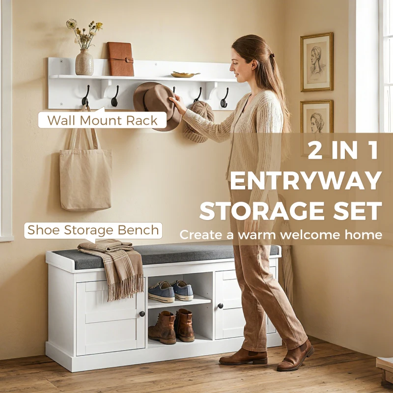 HOMCOM 2 in 1 Coat Rack Shoe Bench Set with 6 Hooks and Shoe Storage Bench, White and Grey