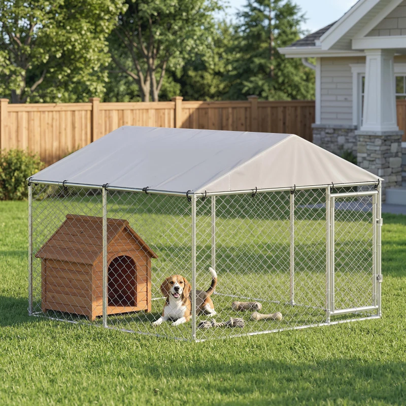 PawHut 7.5' x 7.5' x 5.6' Outdoor Dog Kennel Heavy Duty Galvanized Steel Chain Link with UV-resistant Roof, Silver