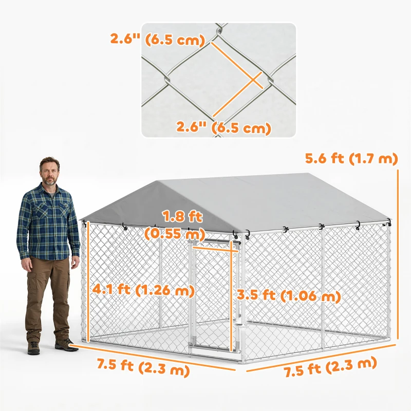 PawHut 7.5' x 7.5' x 5.6' Outdoor Dog Kennel Heavy Duty Galvanized Steel Chain Link with UV-resistant Roof, Silver