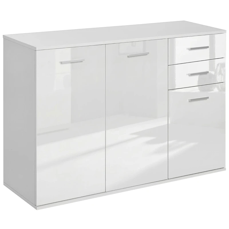 HOMCOM High Gloss Sideboard with 2 Drawers and 3 Doors, Buffet Cabinet with Adjustable Shelf, Coffee Bar Cabinet with Storage, White