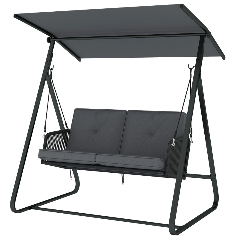 Outsunny 2-Person Outdoor Patio Porch Swing with Adjustable Canopy, Rattan Hanging Swing Bench with Soft Cushions