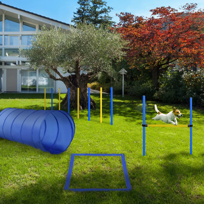 PawHut Dog Agility Starter Kit Pet Outdoor Exercise Training Set Tunnel 8 Weave Poles High Jumper