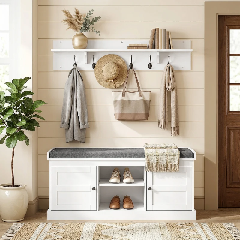 HOMCOM 2 in 1 Coat Rack Shoe Bench Set with 6 Hooks and Shoe Storage Bench, White and Grey