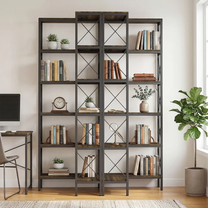 HOMCOM 5-Tier L-Shaped Bookshelf, Freestanding Bookcase with Metal Frame, Rustic Brown