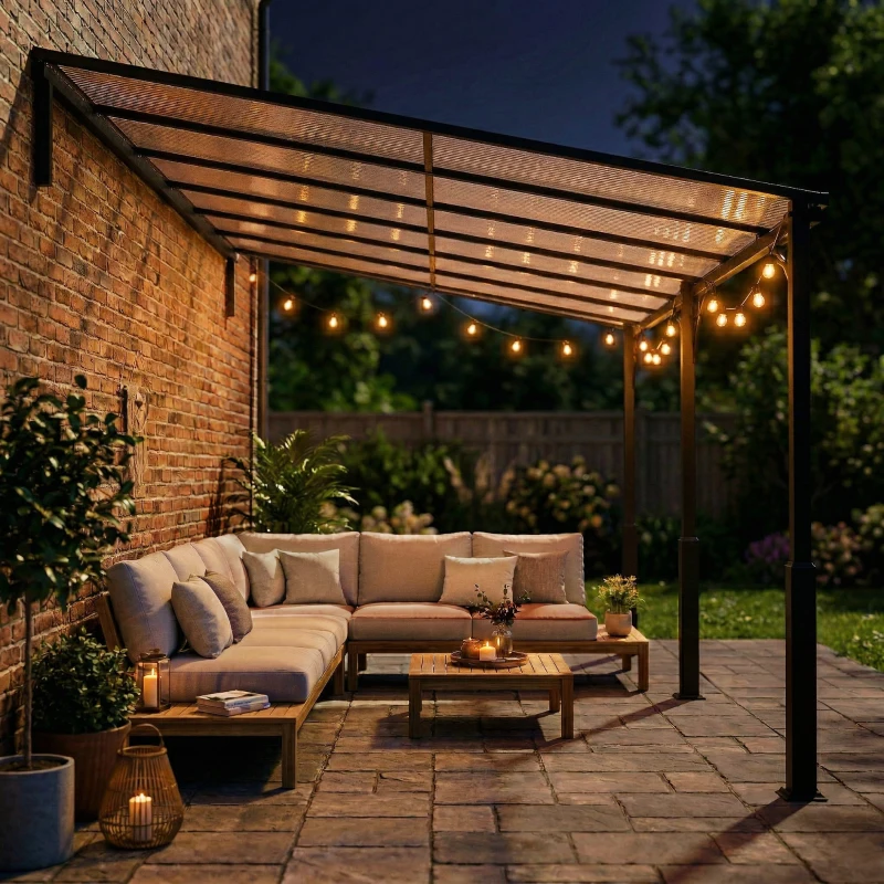 Outsunny 13' x 10' Lean to Gazebo, Hardtop Wall Mounted Outdoor Pergola with Polycarbonate Roof and Metal-Aluminium Frame