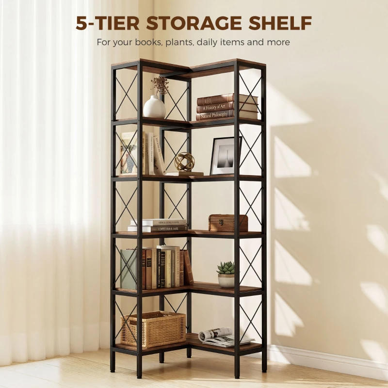 HOMCOM 5-Tier L-Shaped Bookshelf, Freestanding Bookcase with Metal Frame, Rustic Brown