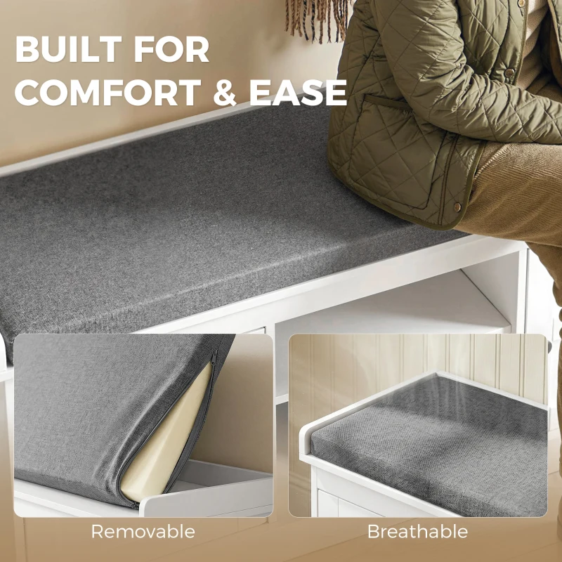 HOMCOM 2 in 1 Coat Rack Shoe Bench Set with 6 Hooks and Shoe Storage Bench, White and Grey