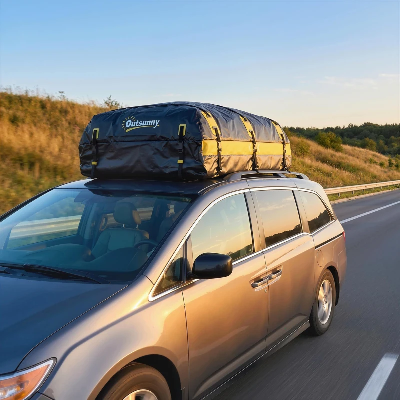 Outsunny Rooftop Cargo Carrier, 21 Cubic Feet Waterproof Soft-Shell Car Roof Storage Bag w/ Door Hooks, Reflective Arrows, Yellow