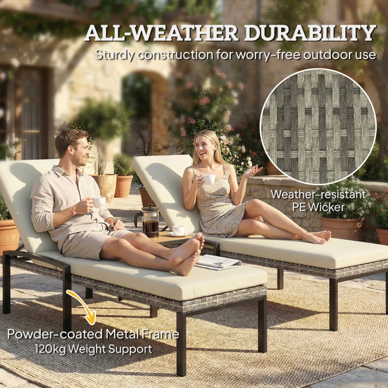 Outsunny Chaise Lounge Chairs Outdoor, Set of 2 Wicker Patio Lounge Chairs with 5-Level Adjustable Backrest, Cushion