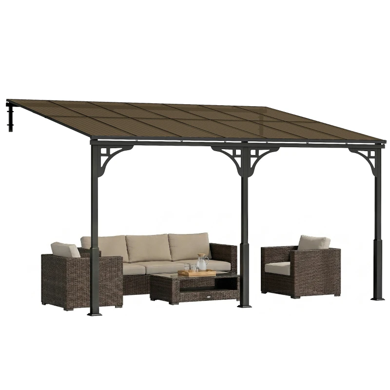 Outsunny 13' x 10' Lean to Gazebo, Hardtop Wall Mounted Outdoor Pergola with Polycarbonate Roof and Metal-Aluminium Frame