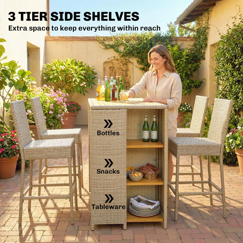 Outsunny 5 Piece Wicker Outdoor Bar Set, Acacia Wood Outdoor High Top Table and Chairs with 3 Tier Shelves, Cushions, Brown