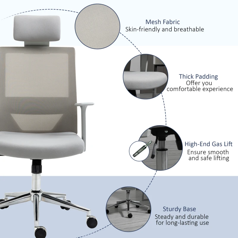 Vinsetto High Back Office Chair Swivel Task Chair with Lumbar Back Support, Breathable Mesh, and Adjustable Height, Headrest, Grey