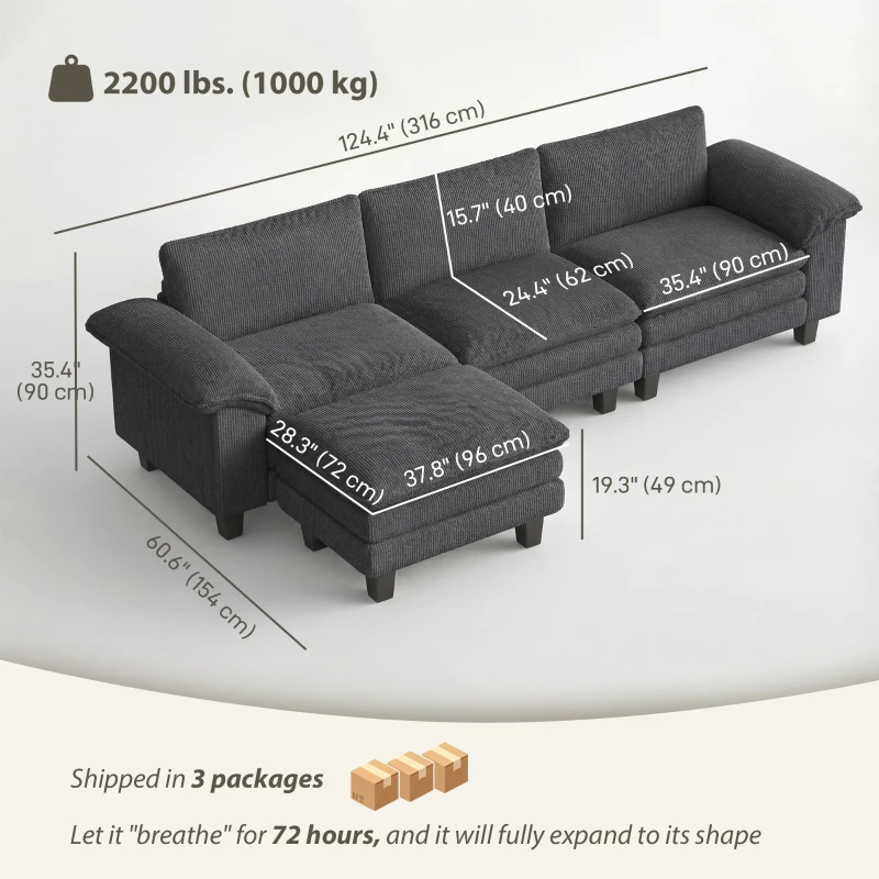 HOMCOM Sectional Sofa, L Shaped Sofa with Deep Seat, Movable Ottoman and Pillow-top Armrests, Dark Grey