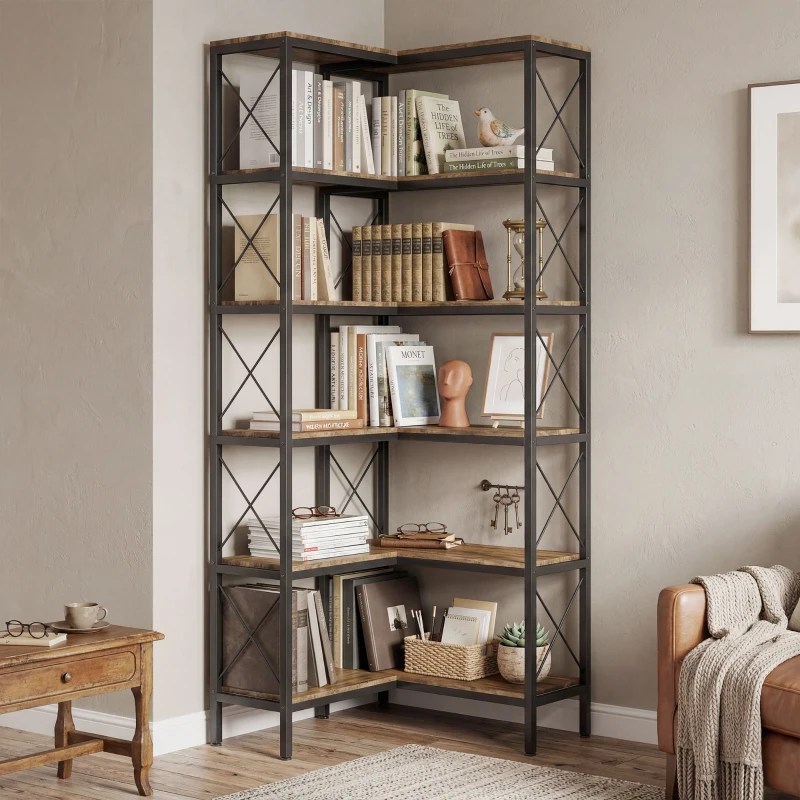 HOMCOM 5-Tier L-Shaped Bookshelf, Freestanding Bookcase with Metal Frame, Rustic Brown