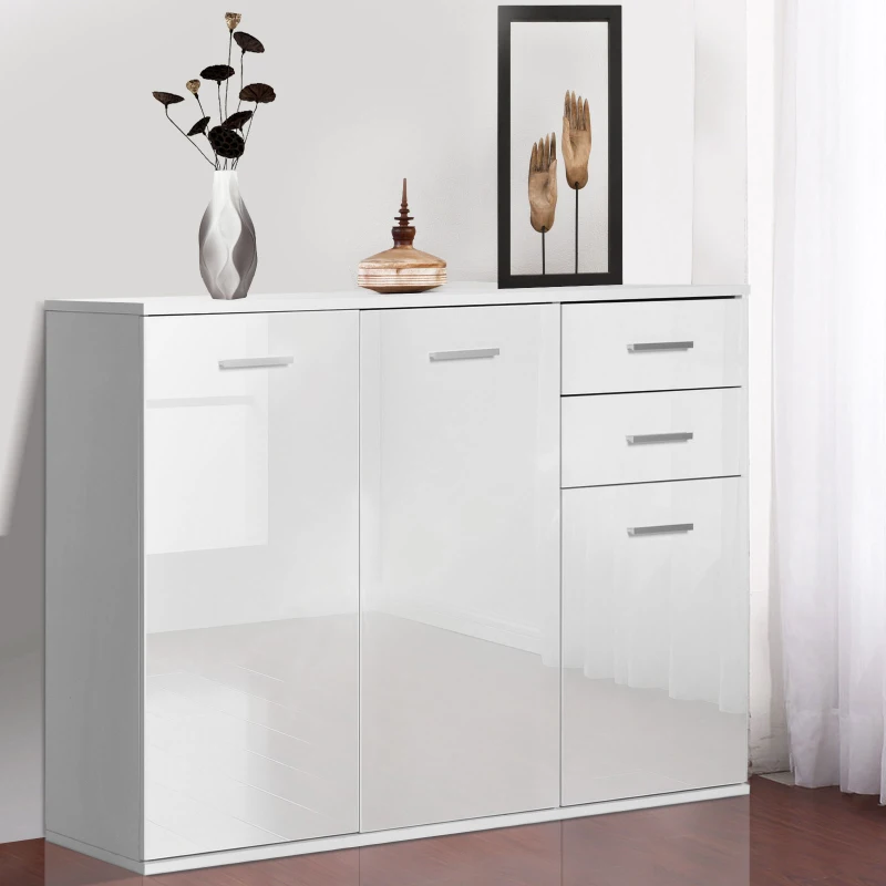 HOMCOM High Gloss Sideboard with 2 Drawers and 3 Doors, Buffet Cabinet with Adjustable Shelf, Coffee Bar Cabinet with Storage, White