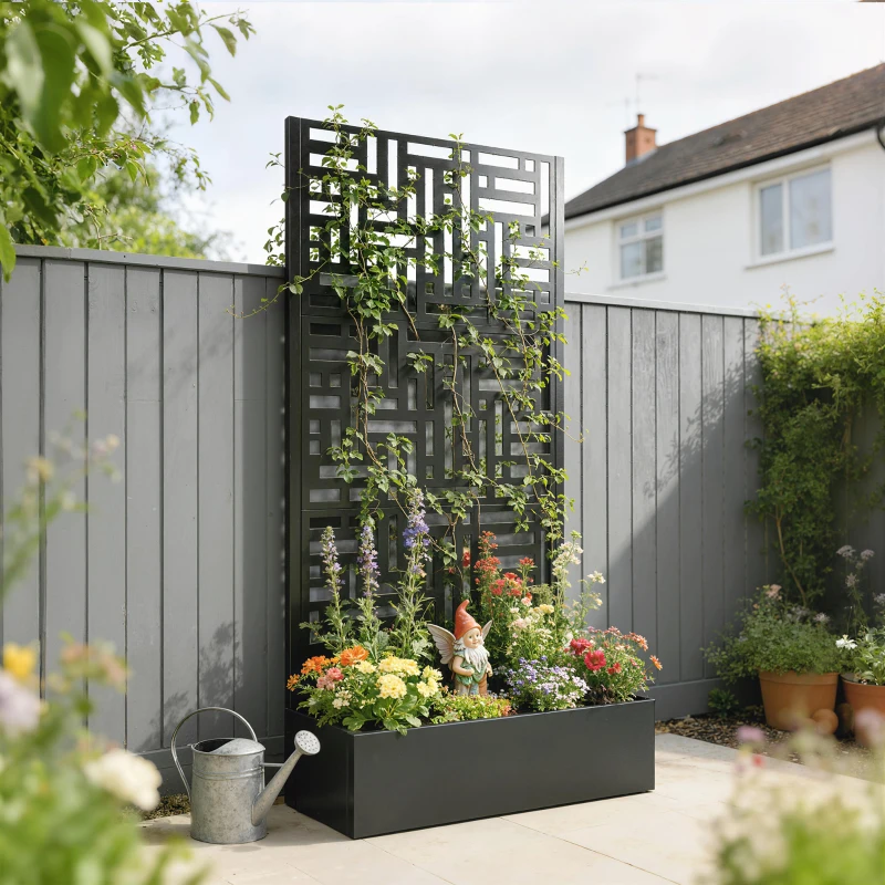 Outsunny Galvanised Raised Garden Bed with Trellis, 71" Tall Metal Planter Box with Privacy Screen and Drainage Holes