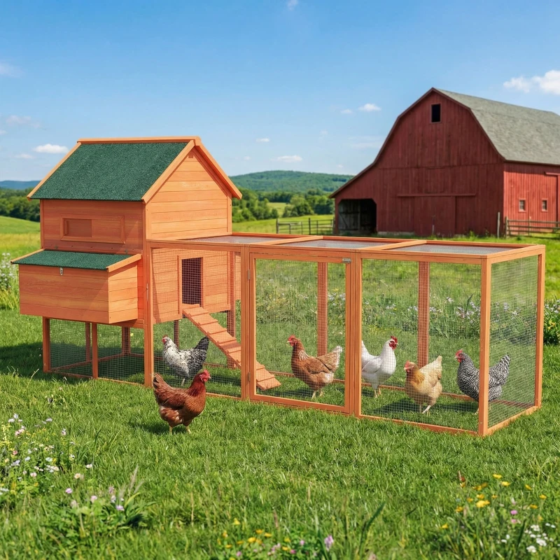 PawHut 137" Wooden Chicken Coop with Chicken Run, Nesting Box, Orange