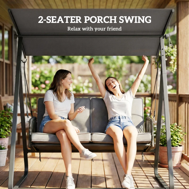 Outsunny 2-Person Outdoor Patio Porch Swing with Adjustable Canopy, Rattan Hanging Swing Bench with Soft Cushions
