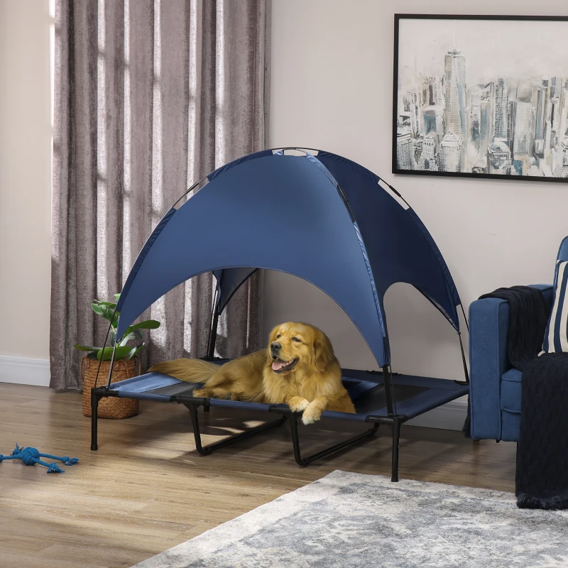 PawHut 48" x 36" Elevated Portable Dog Cot Cooling Pet Bed with UV Protection Canopy Shade, Dark Blue