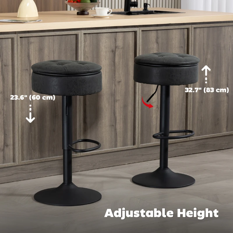 HOMCOM Set of 2 Barstools with Storage, Swivel Bar Stools with PU Leather Upholstered, Footrest, Steel Base, Black