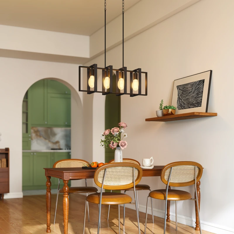 HOMCOM Farmhouse Kitchen Island Lighting, Linear Pendant Light with 4 Rotatable Frames and Adjustable Height, Black