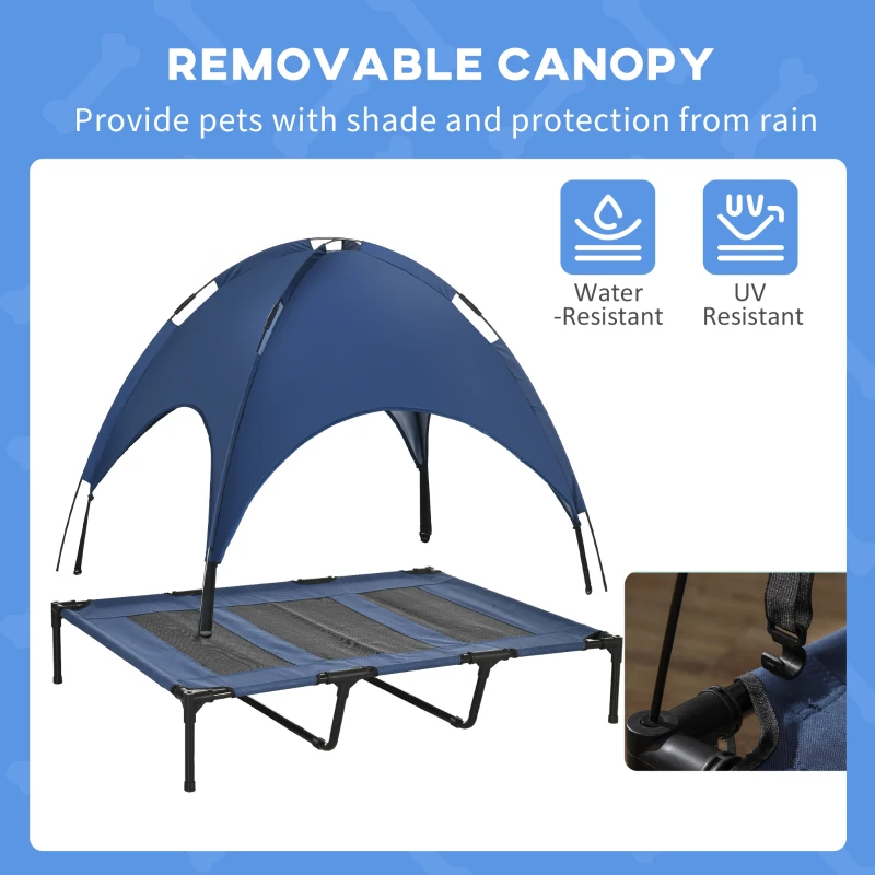 PawHut 48" x 36" Elevated Portable Dog Cot Cooling Pet Bed with UV Protection Canopy Shade, Dark Blue