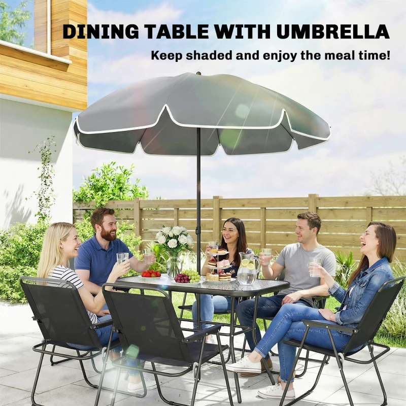 Outsunny 8 Piece Patio Table and Chairs Set with Folding Chairs, Tempered Glass Tabletop and Umbrella for Garden, Black
