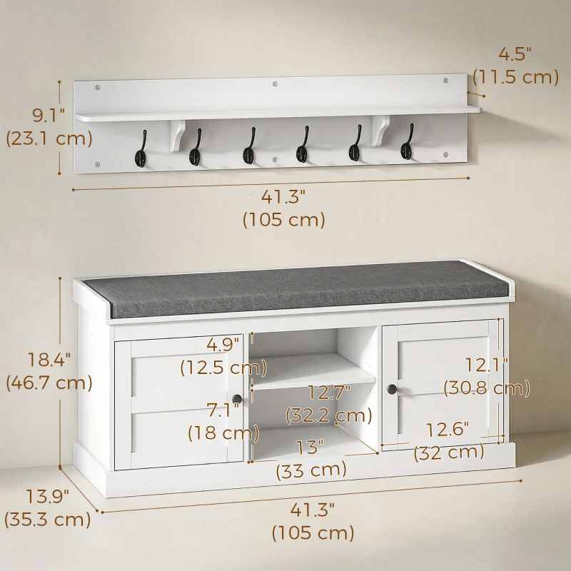 HOMCOM 2 in 1 Coat Rack Shoe Bench Set with 6 Hooks and Shoe Storage Bench, White and Grey