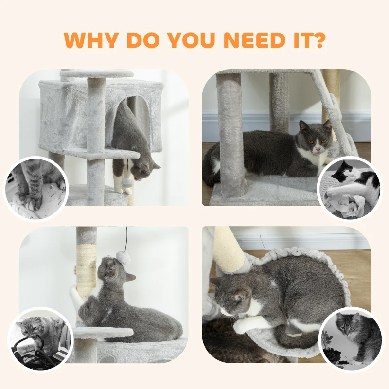 PawHut 63 Inch Cat Tree with Sisal Scratching Posts, Condos, Plush Perches, Hammock, Ladder, Dangling Balls, Light Grey