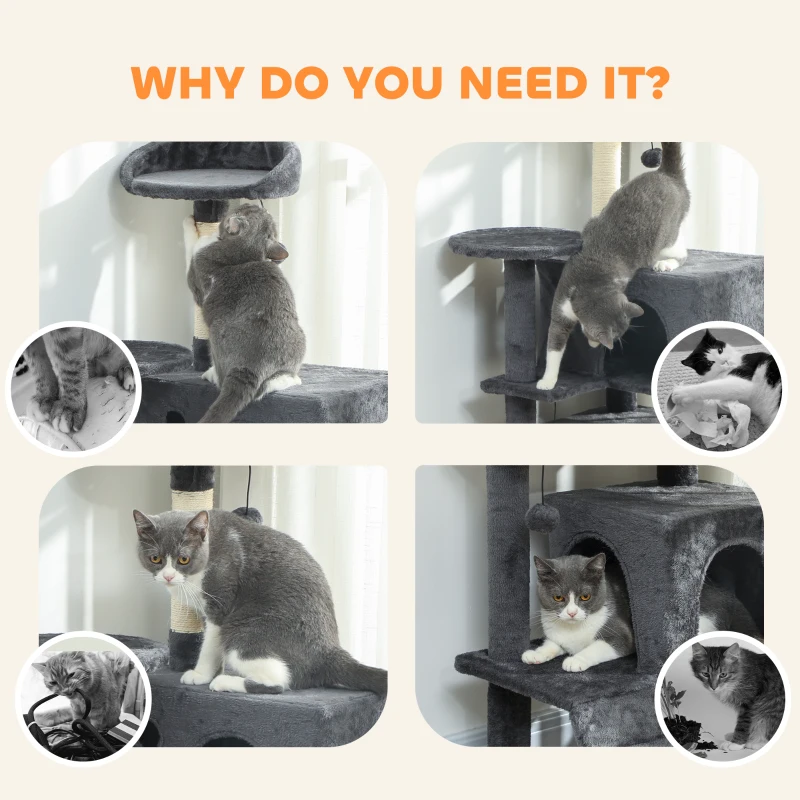 PawHut 63 Inch Cat Tree with Sisal Scratching Posts, Condos, Plush Perches, Hammock, Ladder, Dangling Balls, Dark Grey