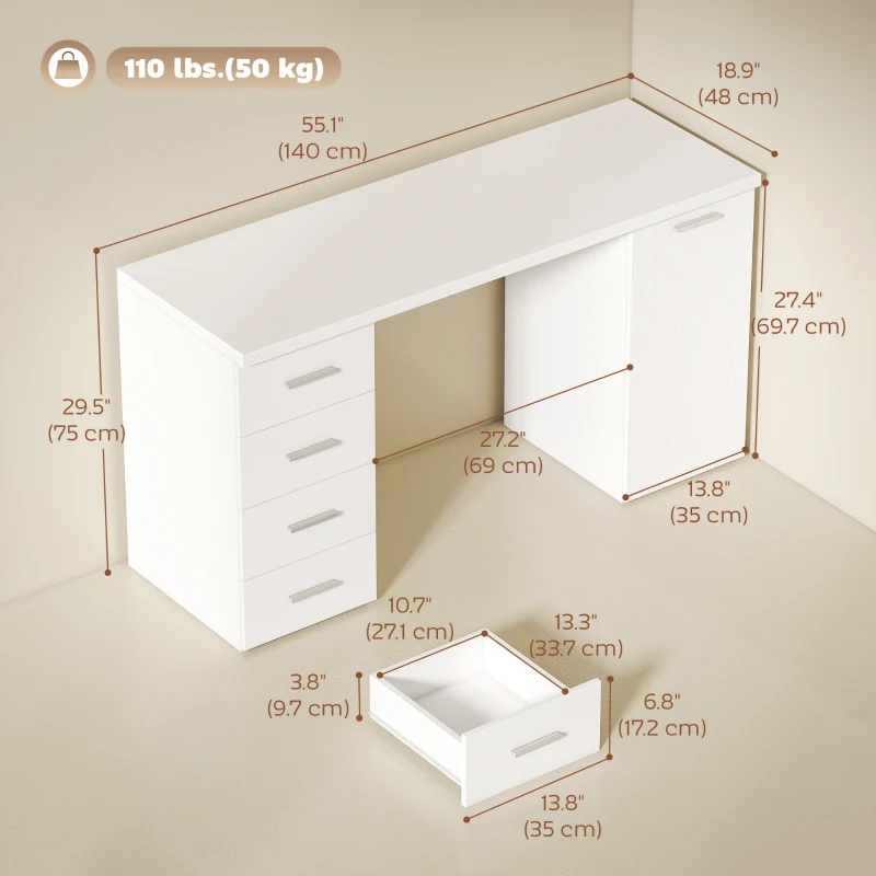 HOMCOM 140 cm Computer Desk with Adjustable Shelf Home Office Desk with Drawers and Cabinet White Wood Grain