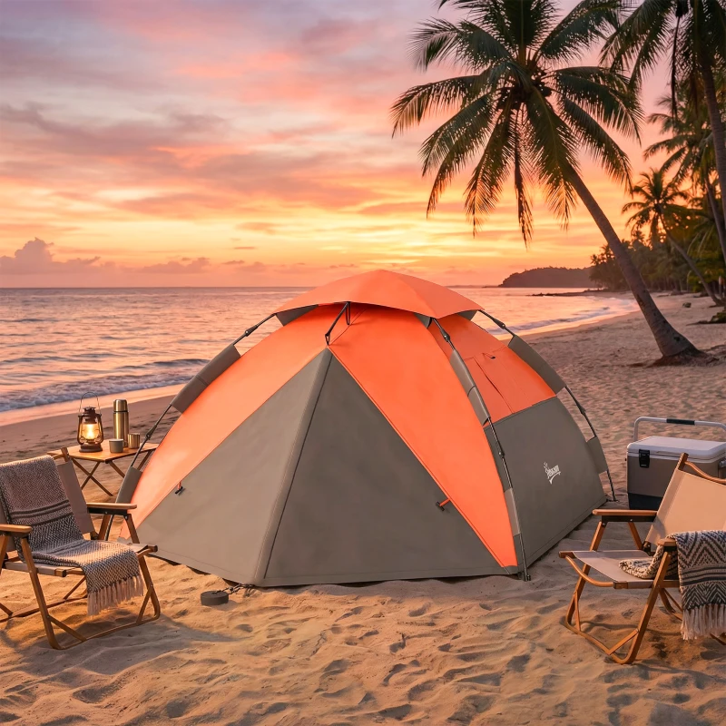 Outsunny Pop up Camping Tent, 3-4 Man Family Tent, 3000mm Waterproof, with Carry Bag and Top Hook, Dark Grey and Orange