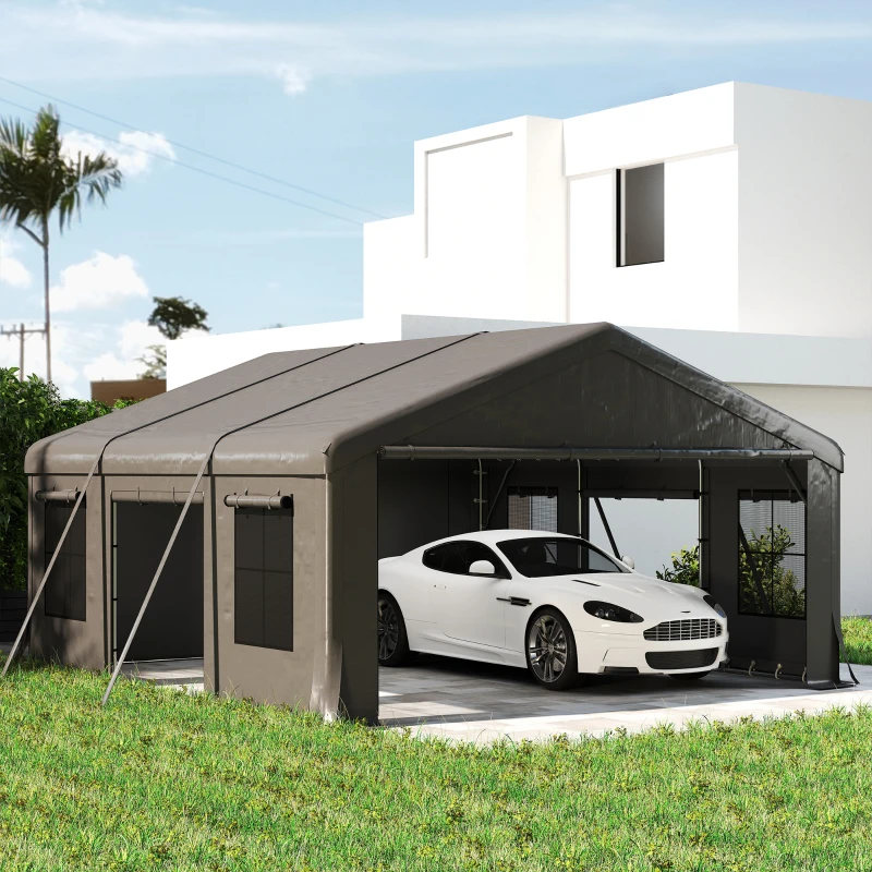 Outsunny 20' x 20' Heavy Duty Carport, Portable Garage Car Canopy Tent Shelter with 3 Roll-up Doors, 4 Windows, Dark Grey
