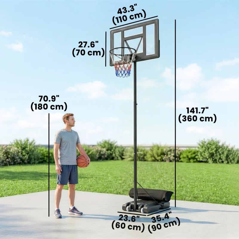 Soozier Basketball Hoop Stand Outdoor, 4.4–10 ft Single Hand Rotation Adjustable with Shatterproof Backboard & Weight Bag