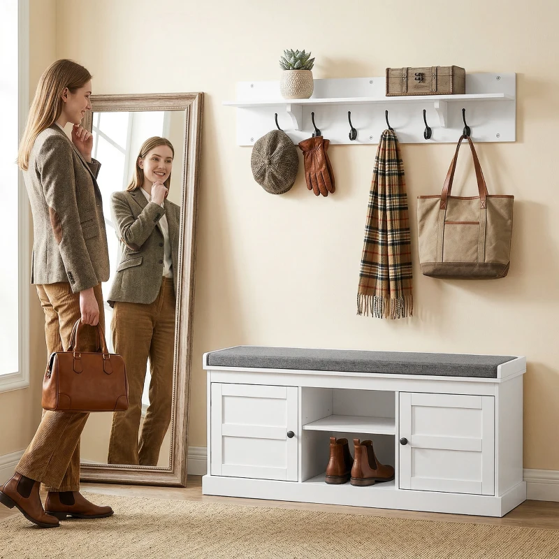 HOMCOM 2 in 1 Coat Rack Shoe Bench Set with 6 Hooks and Shoe Storage Bench, White and Grey