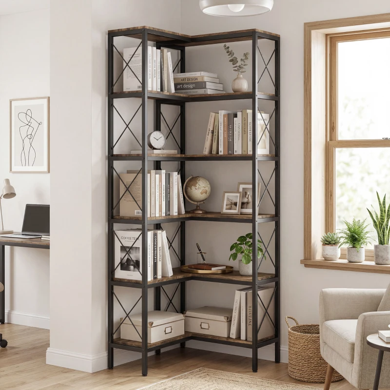 HOMCOM 5-Tier L-Shaped Bookshelf, Freestanding Bookcase with Metal Frame, Rustic Brown