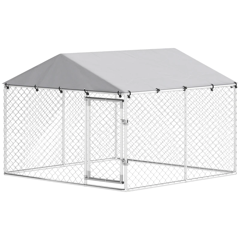 PawHut 7.5' x 7.5' x 5.6' Outdoor Dog Kennel Heavy Duty Galvanized Steel Chain Link with UV-resistant Roof, Silver