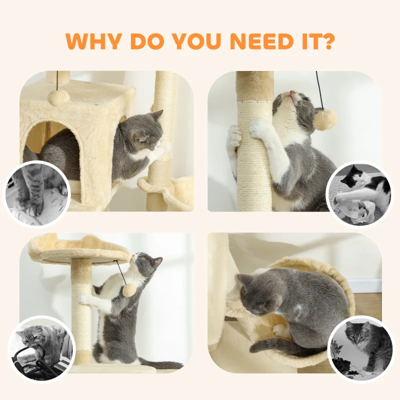 PawHut 63 Inch Cat Tree with Sisal Scratching Posts, Condos, Plush Perches, Hammock, Ladder, Dangling Balls, Beige