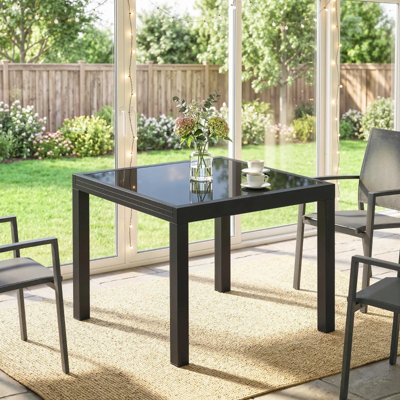 Outsunny Aluminum Expandable Outdoor Dining Table with Tempered Glass Tabletop and Aluminum Frame, for Garden, Backyard, Black