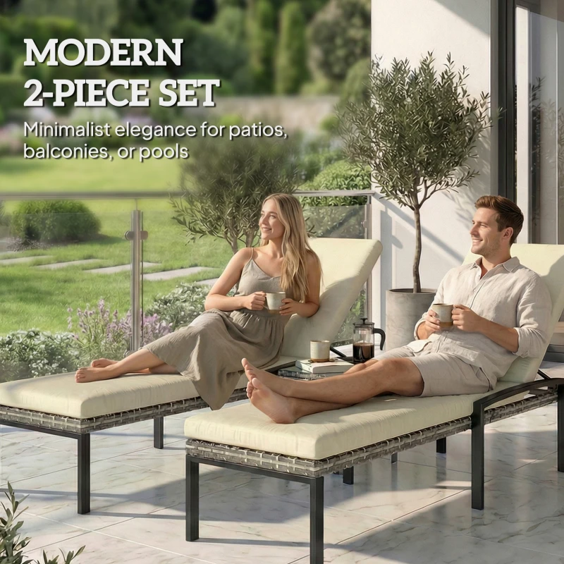 Outsunny Chaise Lounge Chairs Outdoor, Set of 2 Wicker Patio Lounge Chairs with 5-Level Adjustable Backrest, Cushion