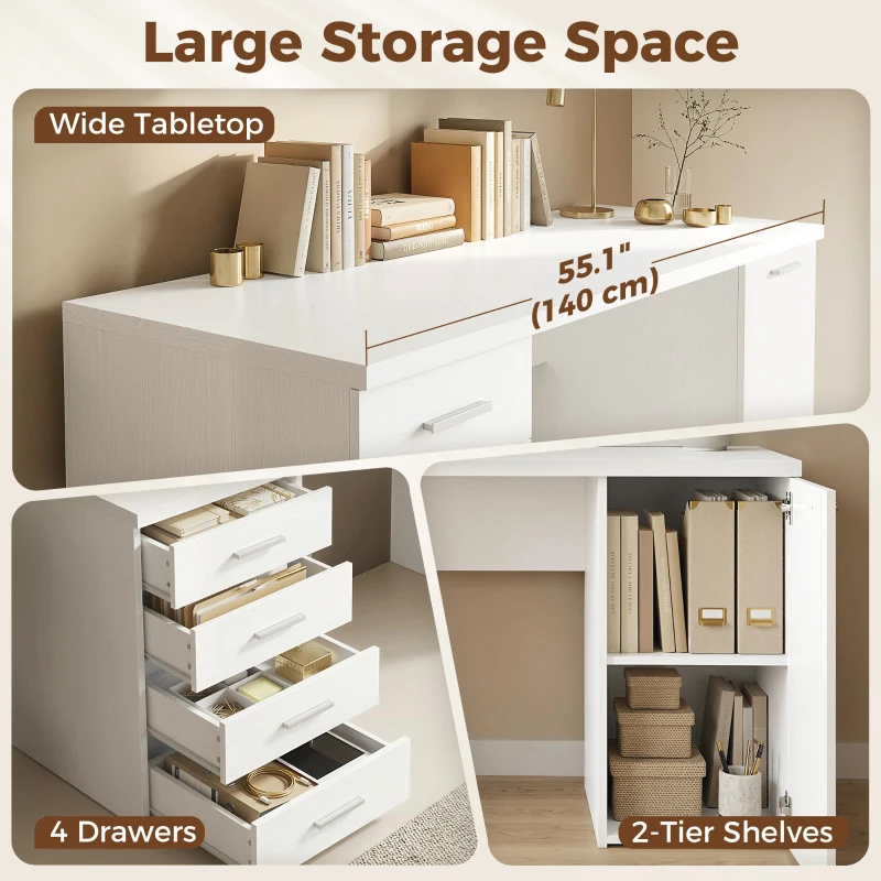 HOMCOM 140 cm Computer Desk with Adjustable Shelf Home Office Desk with Drawers and Cabinet White Wood Grain