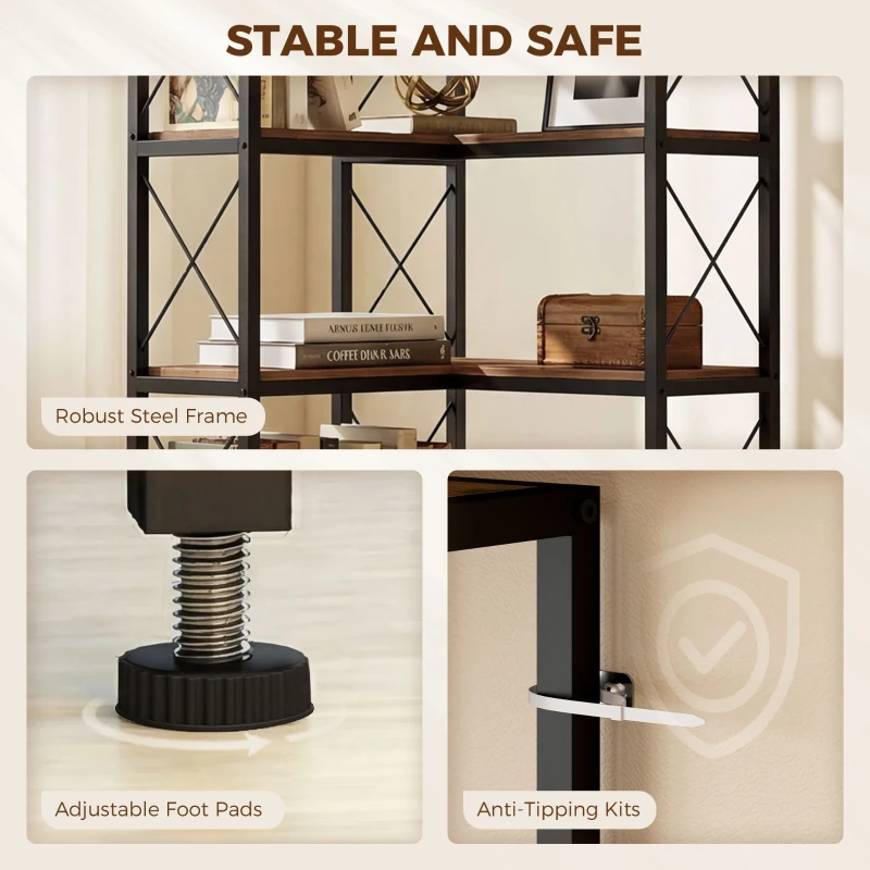 HOMCOM 5-Tier L-Shaped Bookshelf, Freestanding Bookcase with Metal Frame, Rustic Brown