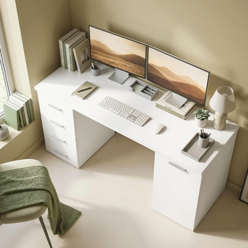 HOMCOM 140 cm Computer Desk with Adjustable Shelf Home Office Desk with Drawers and Cabinet White Wood Grain