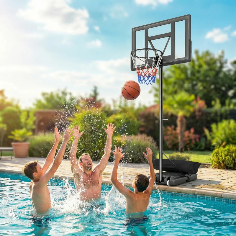 Soozier Basketball Hoop Stand Outdoor, 4.4–10 ft Single Hand Rotation Adjustable with Shatterproof Backboard & Weight Bag