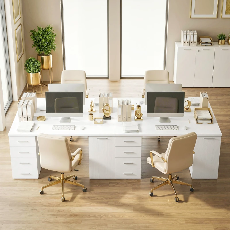 HOMCOM 140 cm Computer Desk with Adjustable Shelf Home Office Desk with Drawers and Cabinet White Wood Grain