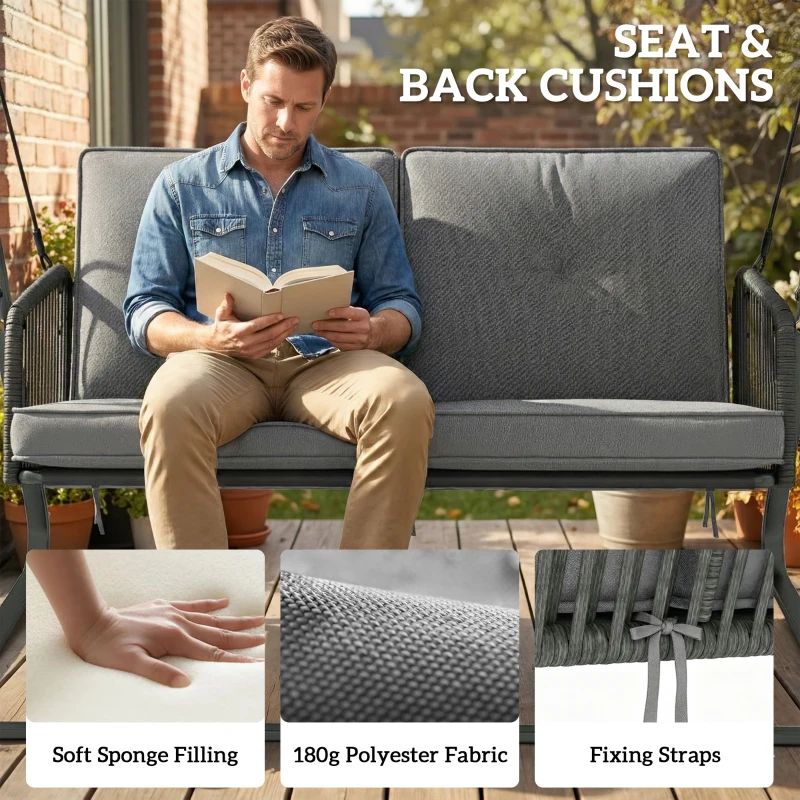 Outsunny 2-Person Outdoor Patio Porch Swing with Adjustable Canopy, Rattan Hanging Swing Bench with Soft Cushions