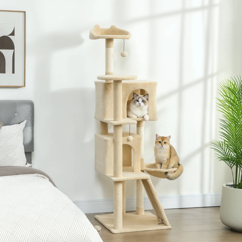 PawHut 63 Inch Cat Tree with Sisal Scratching Posts, Condos, Plush Perches, Hammock, Ladder, Dangling Balls, Beige